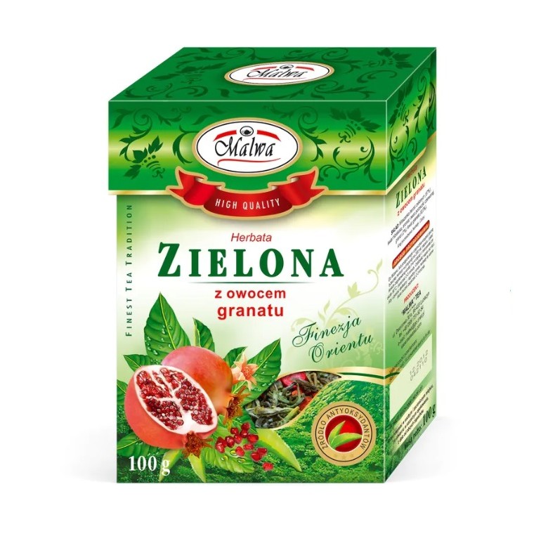 Zielona herbata z owocem granatu 100g MALWA - Wiesiołek-Pharma Zielona herbata z owocem granatu 100g MALWA - Wiesiołek-Pharma